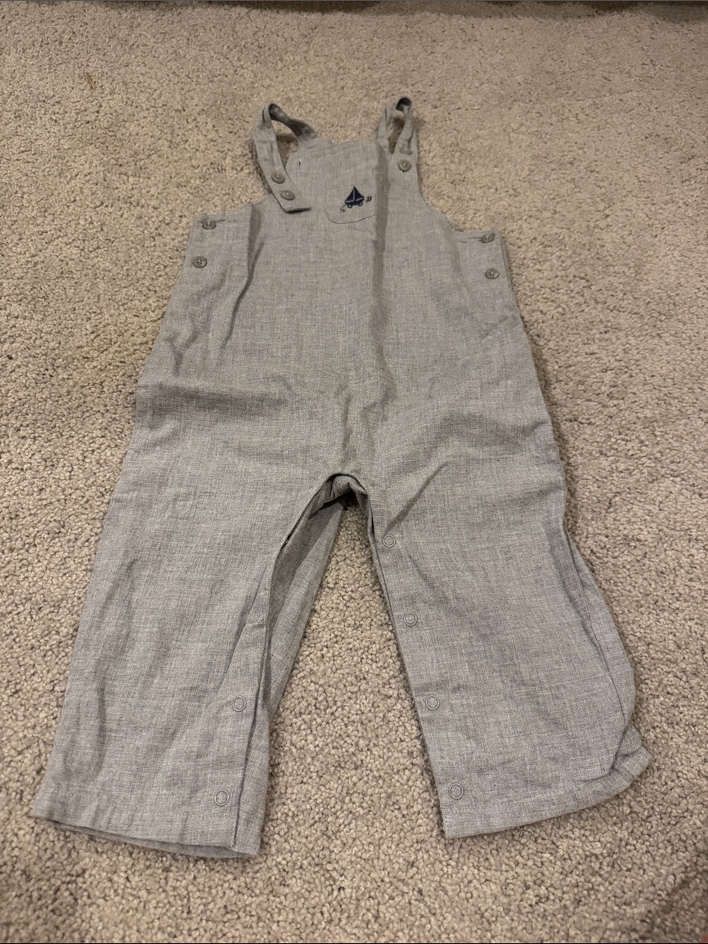 Janie and Jack Light Gray Linen-Blend Overalls with Navy Sailboat